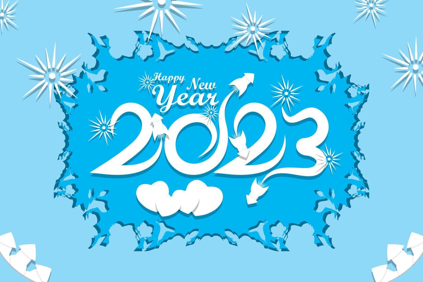 feliz año nuevo 2023, diseño de cohetes de un número, blanco y azul claro, ilustración vectorial de estilo de corte de papel vector