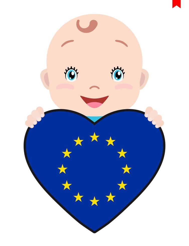 cara sonriente de un niño, un bebé y una bandera de la unión europea en forma de corazón. símbolo de patriotismo, independencia, viaje, emblema del amor. vector