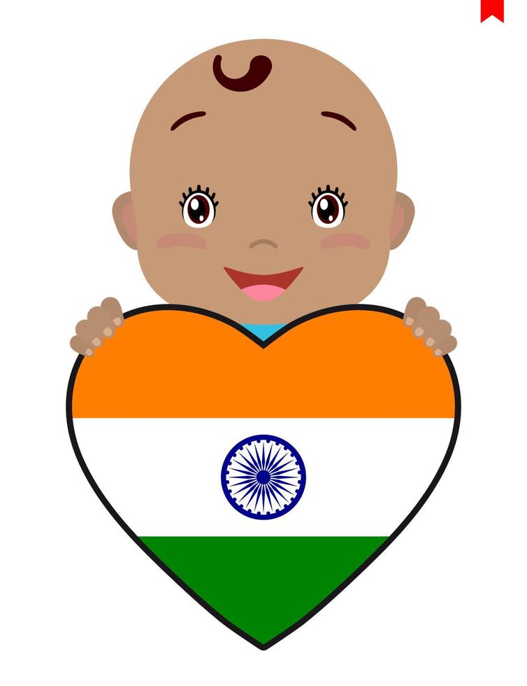 Smiling face of a child, a baby and a India flag in the shape of a heart. Symbol of patriotism, independence, travel, emblem of love. vector
