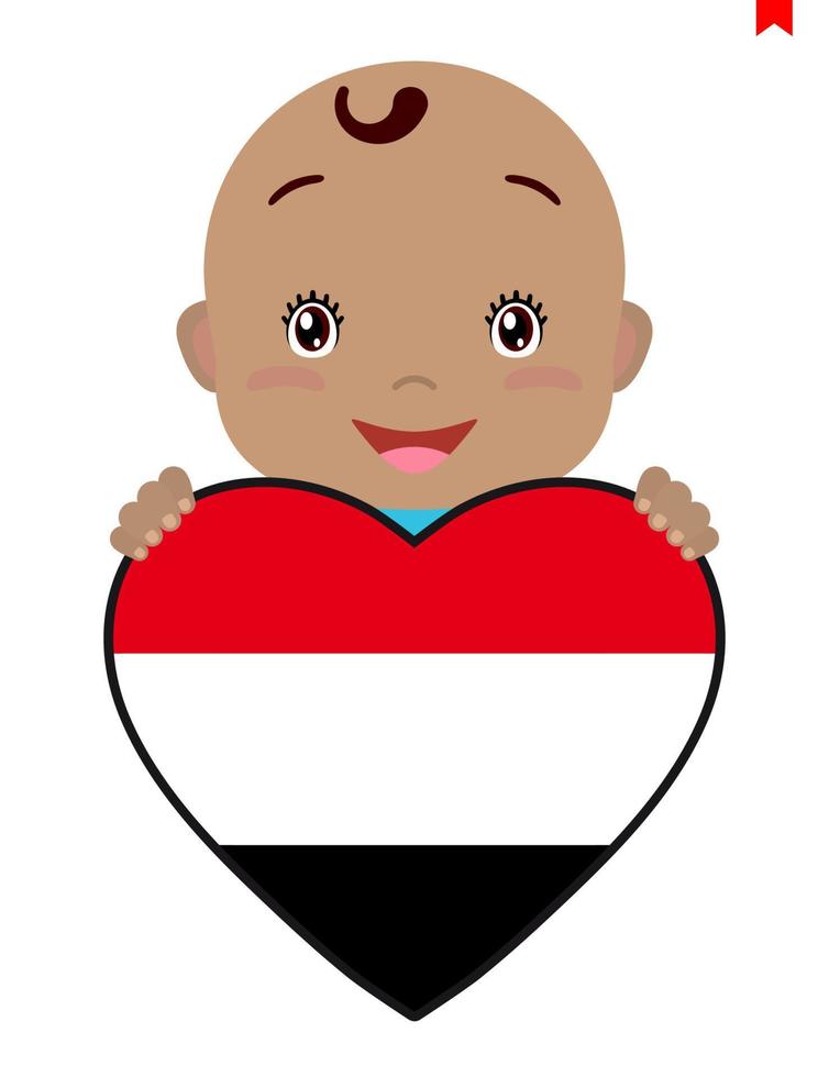 cara sonriente de un niño, un bebé y una bandera de yemen en forma de corazón. símbolo de patriotismo, independencia, viaje, emblema del amor. vector