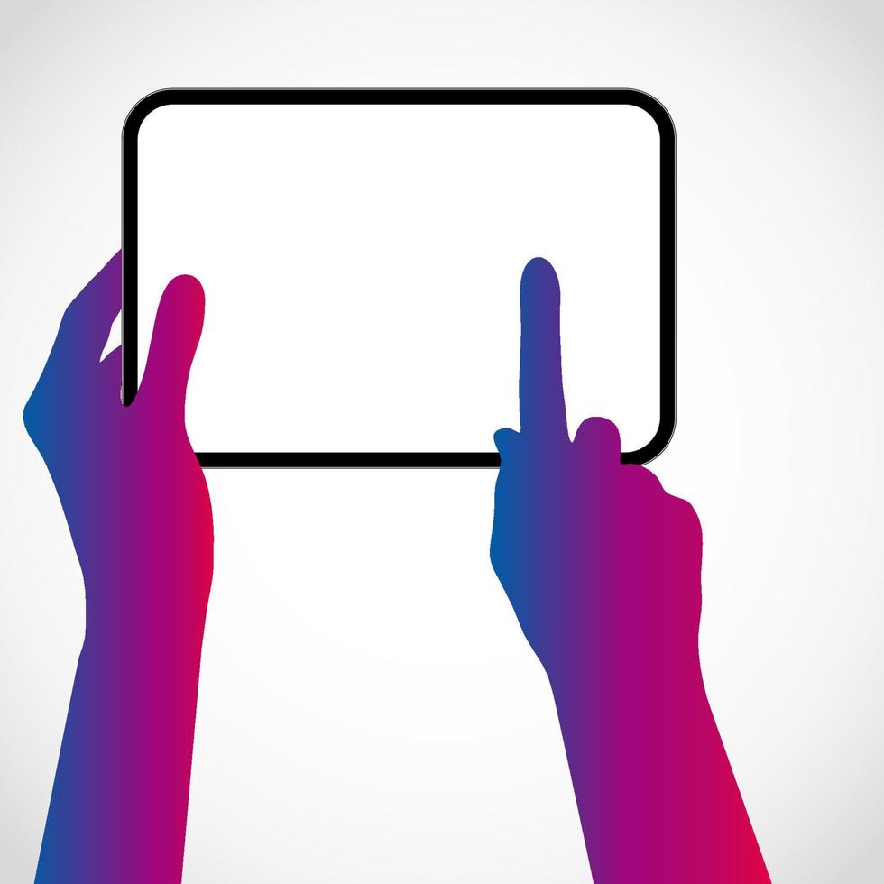 The hands hold the tablet pc and touch the screen with your finger. Vector silhouette illustration.