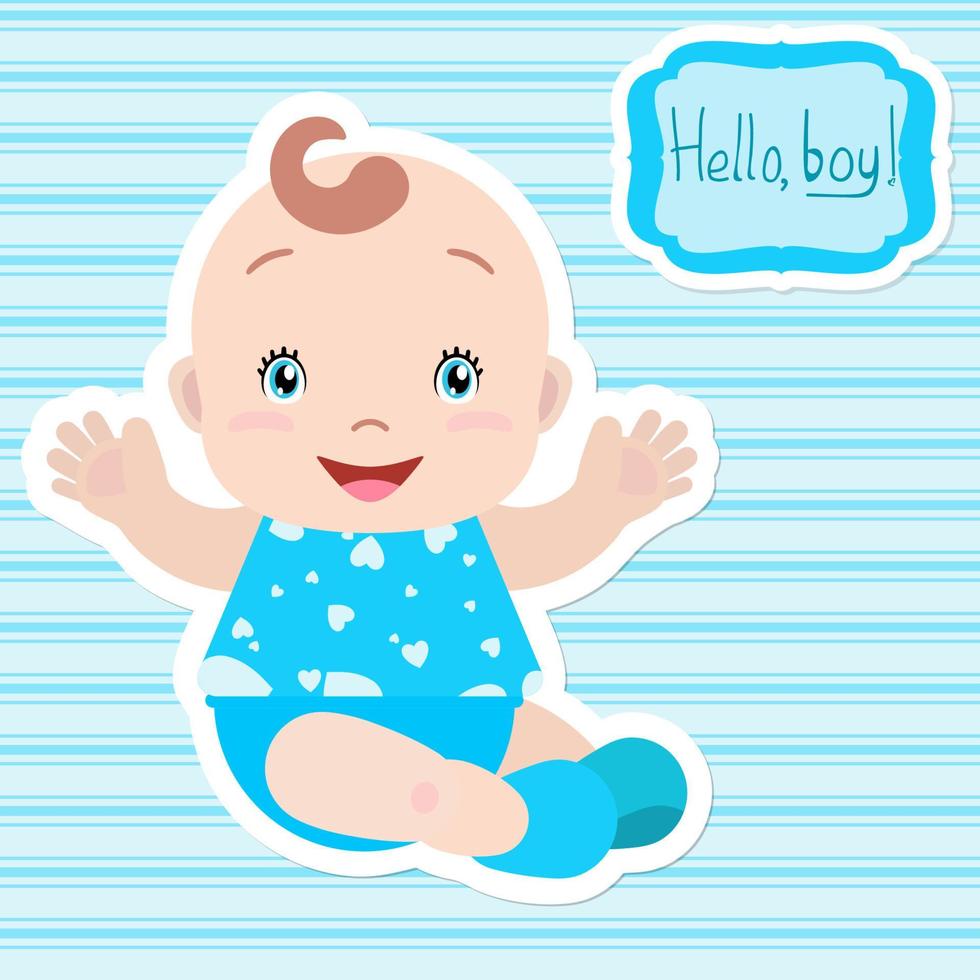 Baby boy sitting, holding out hands, smiling. A frame with an inscription. Card, invitation, baby shower. vector