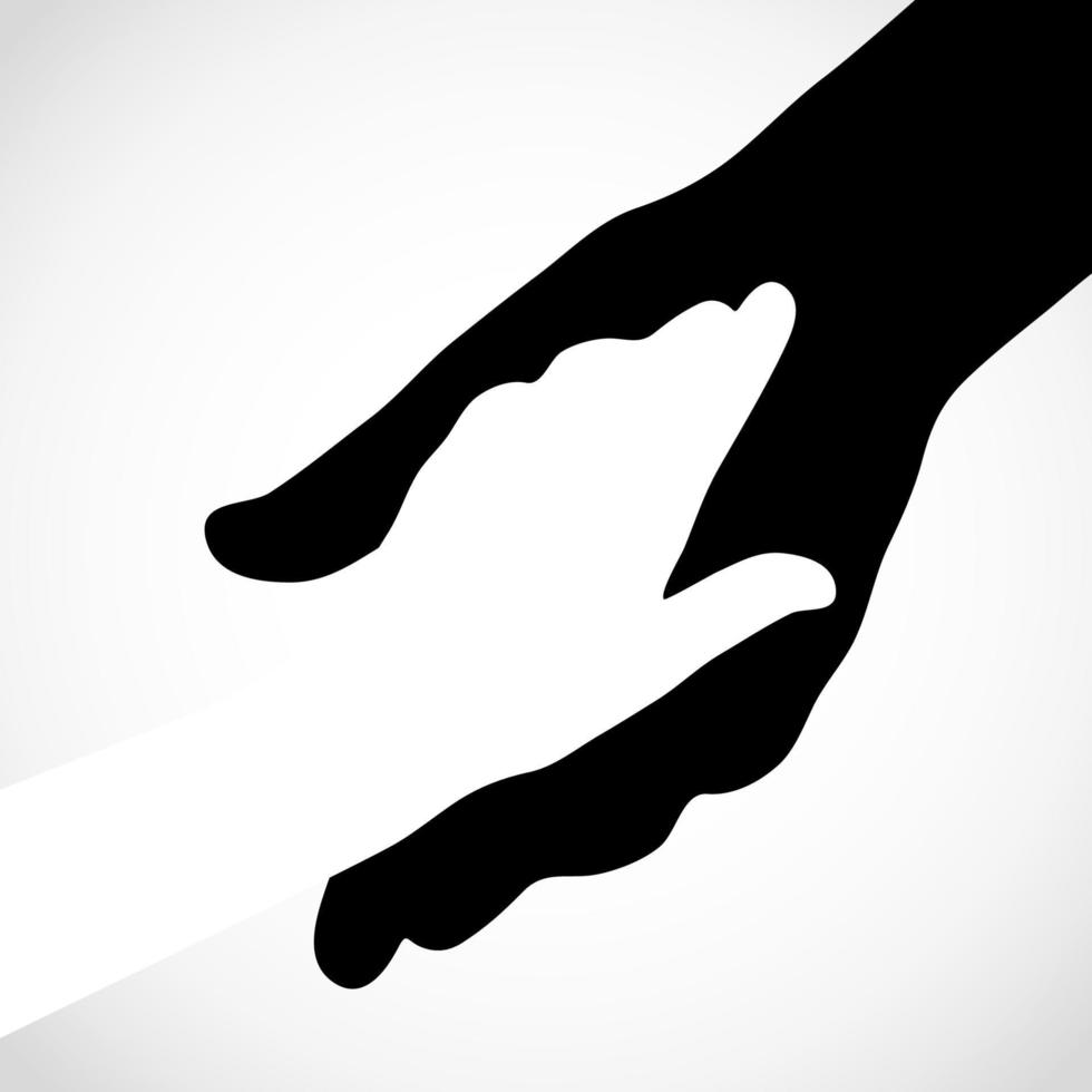 mano grande de color negro y concepto de vector de mano pequeña blanca. símbolo de ayuda emblema de soporte vectorial de manos. ilustración de icono de manos vectoriales. educación, salud, medicina, elemento de diseño.