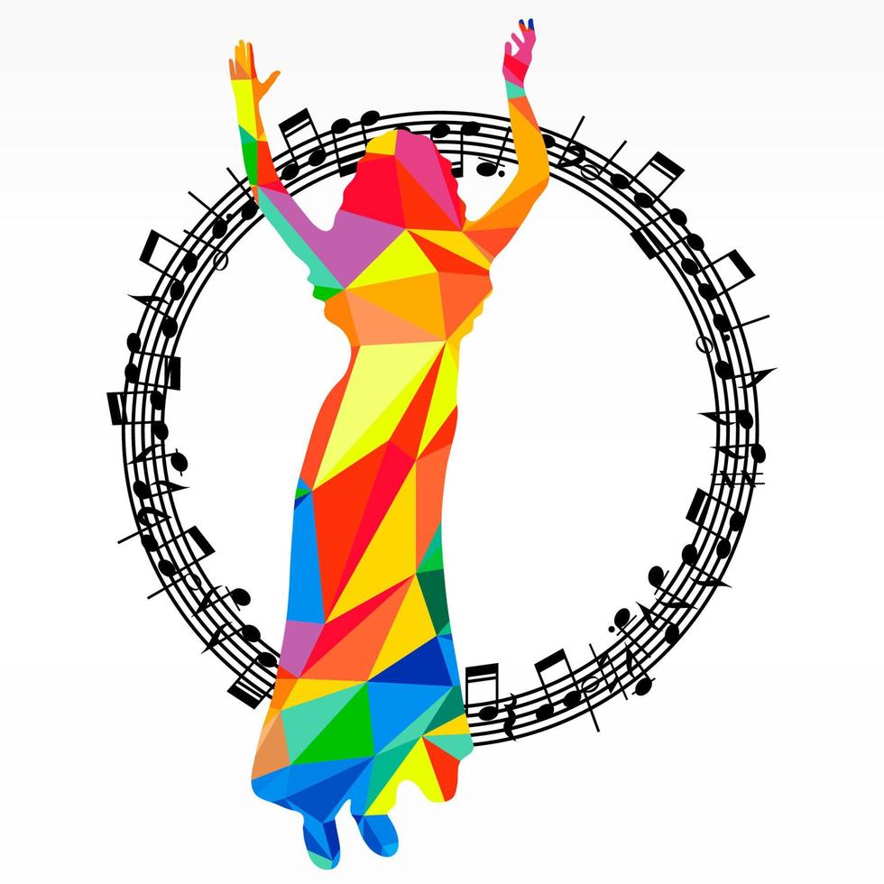 Poligon silhouette dancing human and melody circle, vector music battle party background.