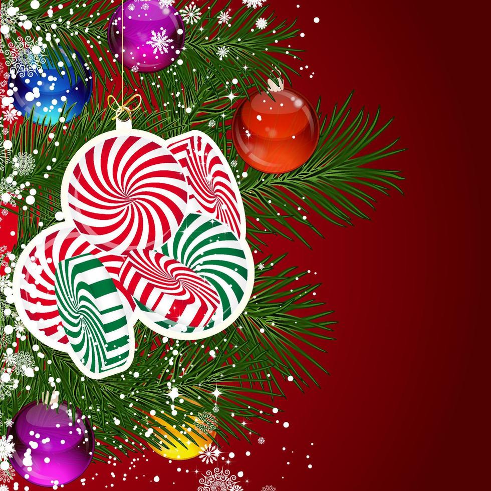 fondo de navidad con ramas de árboles de navidad decoradas con bolas de cristal y juguetes. vector