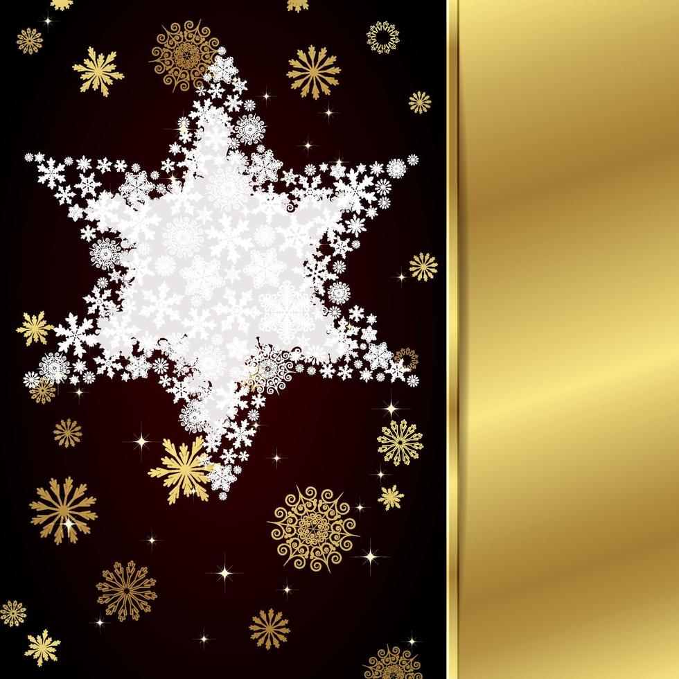 Vector New Year card with decor, snowflakes on golden and red background.
