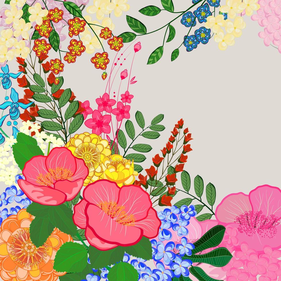 Background with flowers and leaves. Vector illustration greeting card.