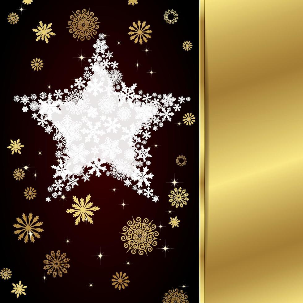 tarjeta de navidad vectorial con decoración navideña, copos de nieve sobre fondo dorado y rojo. vector