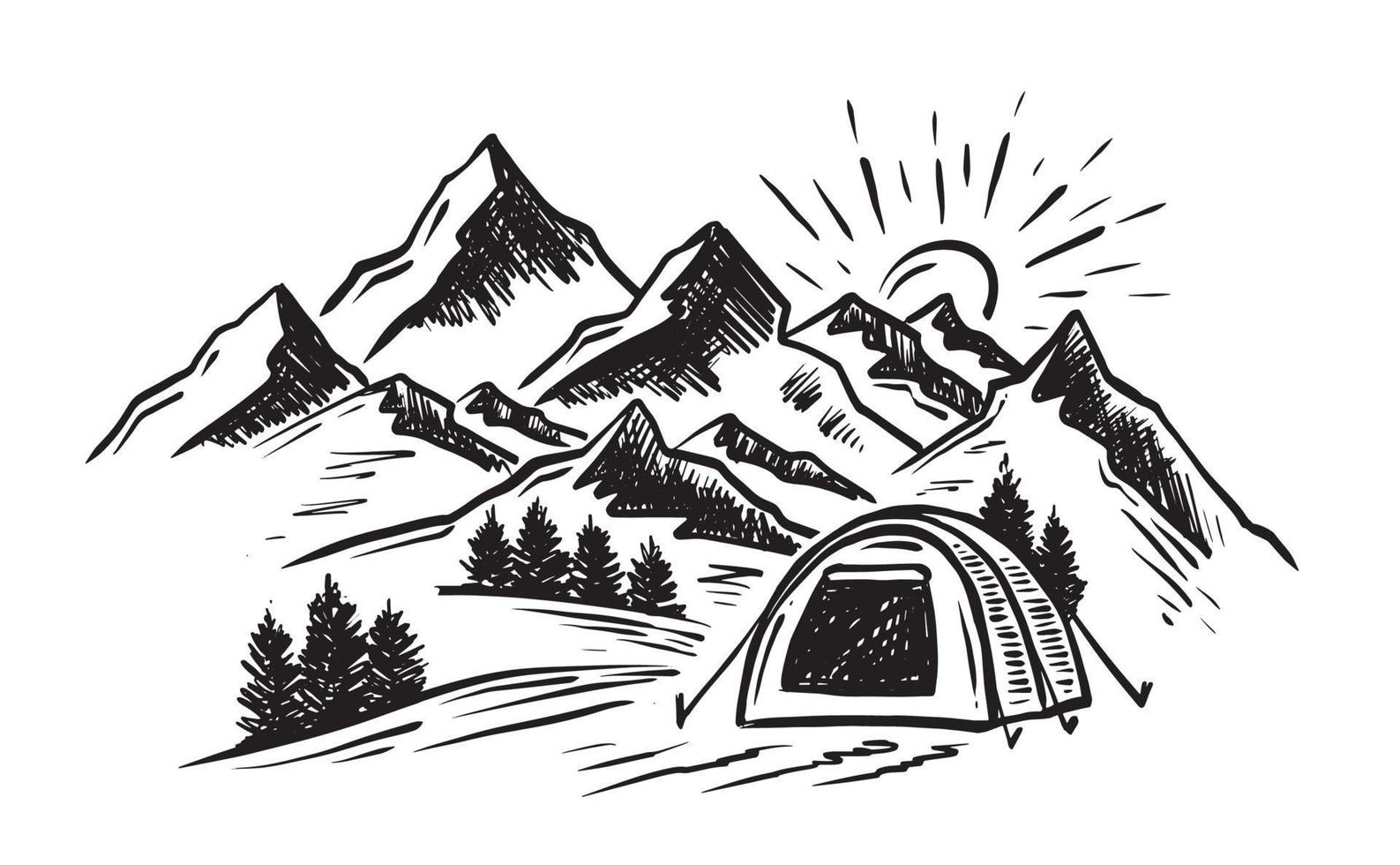 Sketch Camping in nature set, Mountain landscape, vector illustrations.