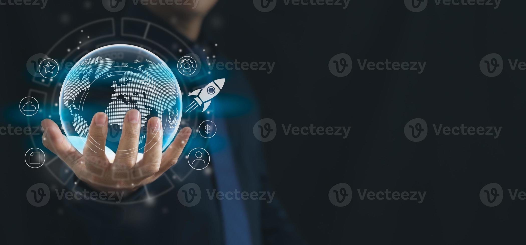 Businessman holding global network connection on social networking and customer data analytics, Business strategy and smart intelligence, digital marketing, Technology and global business. photo