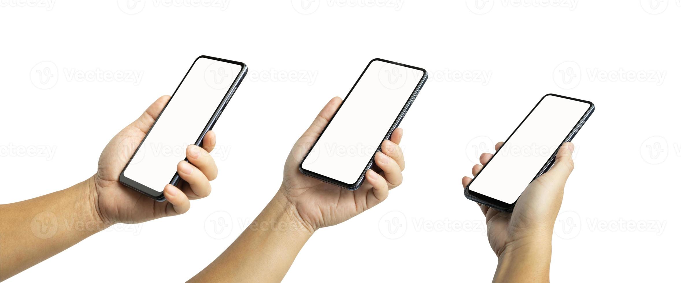 A set, group of male hand hold a smartphone isolated on white. photo