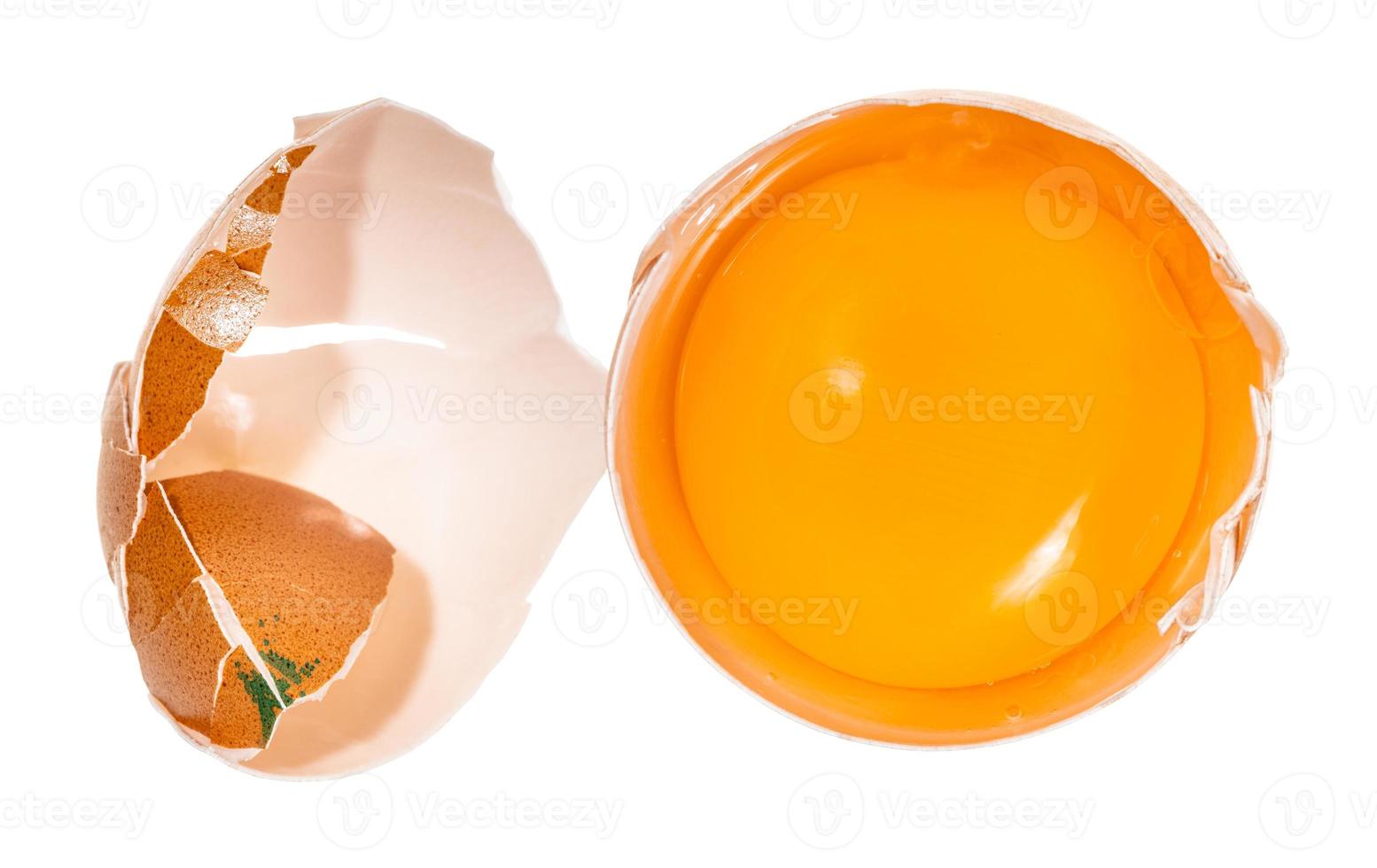 separated egg yolk in shell and crushed eggshell photo