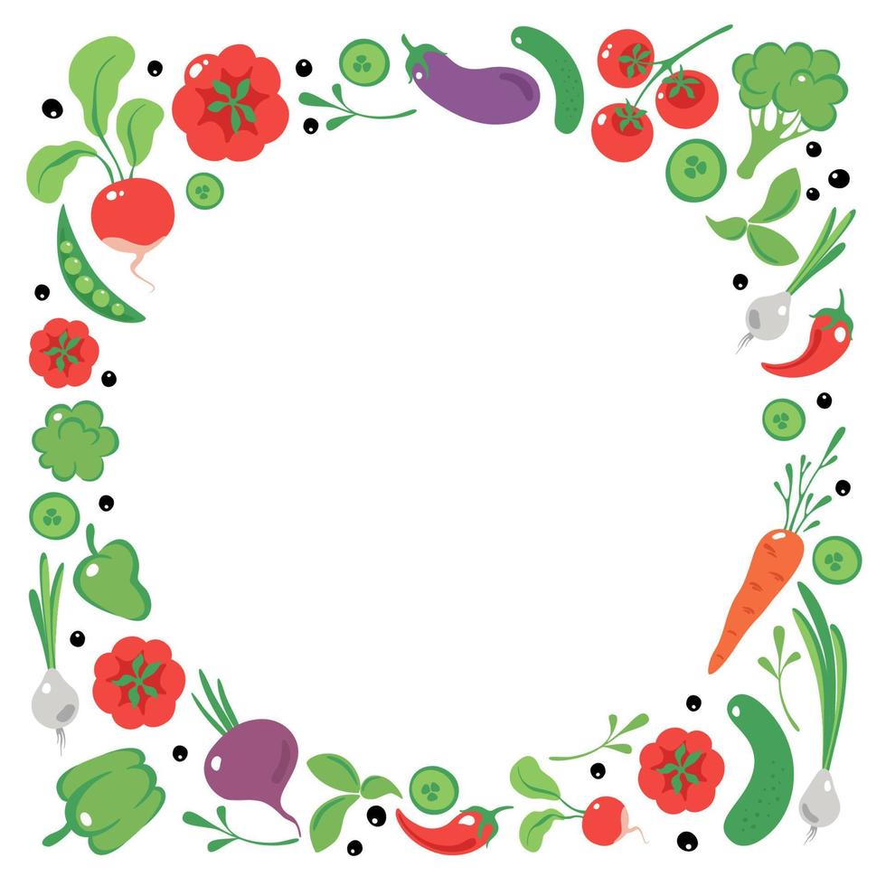 marco colorido de verduras. concepto de dieta saludable, nutrición equilibrada, productos dietéticos u orgánicos. ilustración vectorial en un estilo plano vector