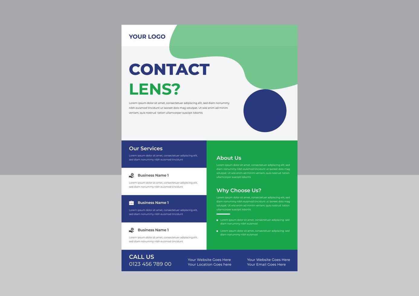 plantilla de volante de lentes de contacto, volante de prueba de ojos ópticos, pancarta publicitaria de lentes de contacto, lentes de contacto y cuidado de la salud ocular. vector