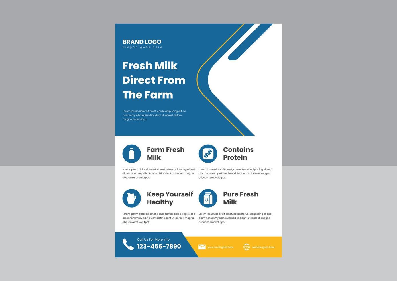 plantilla de diseño de folleto de volante de entrega de leche fresca de granja pura. diseño de afiches de volantes de leche fresca de granja lechera. vector