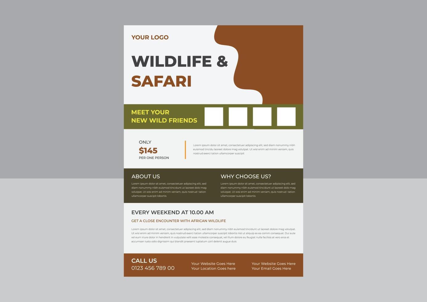 Wildlife Safari Flyer, Save wildlife poster design, Savannah tour poster with animals flyer. vector