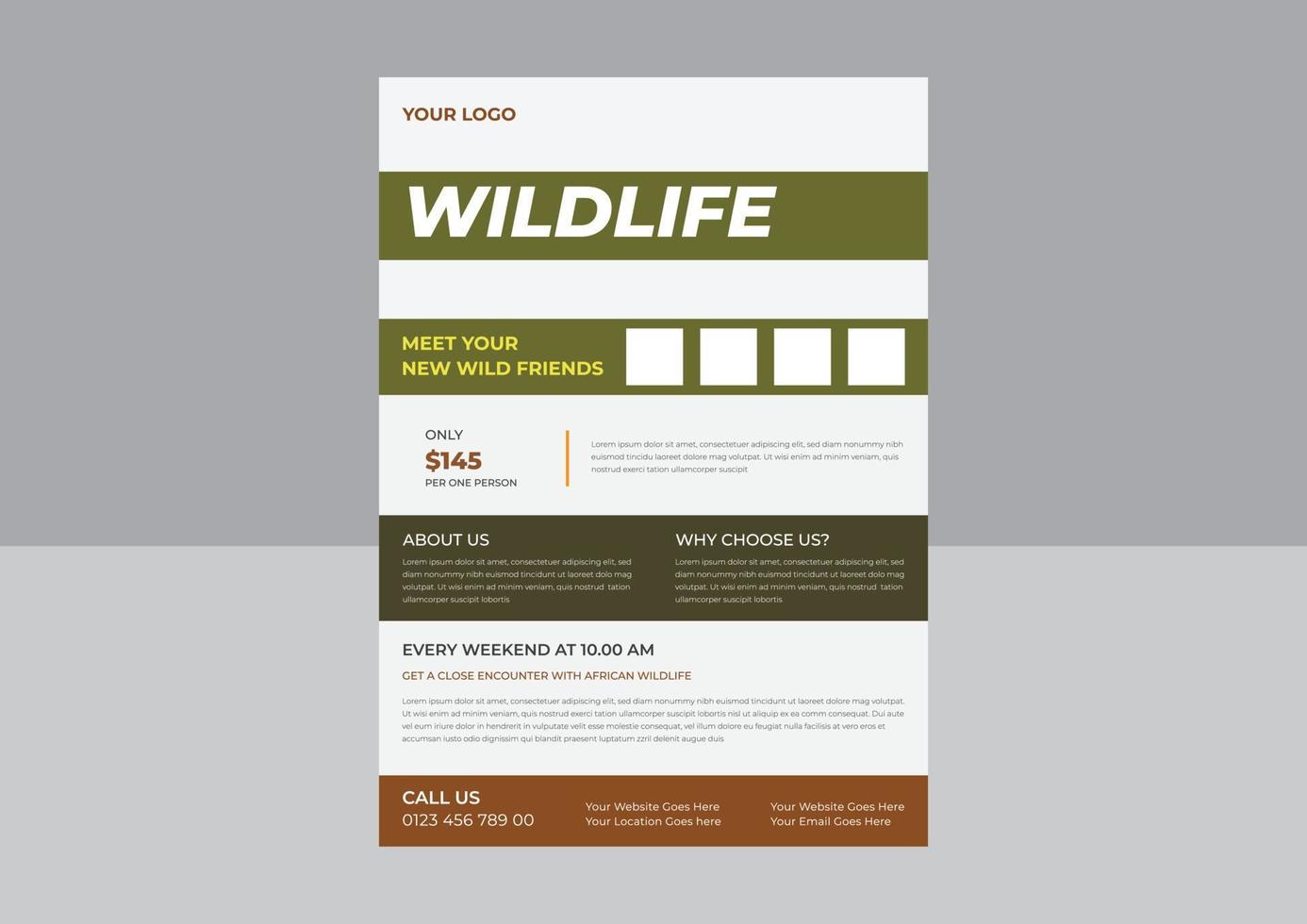 Wildlife Safari Flyer, Save wildlife poster design, Savannah tour poster with animals flyer. vector