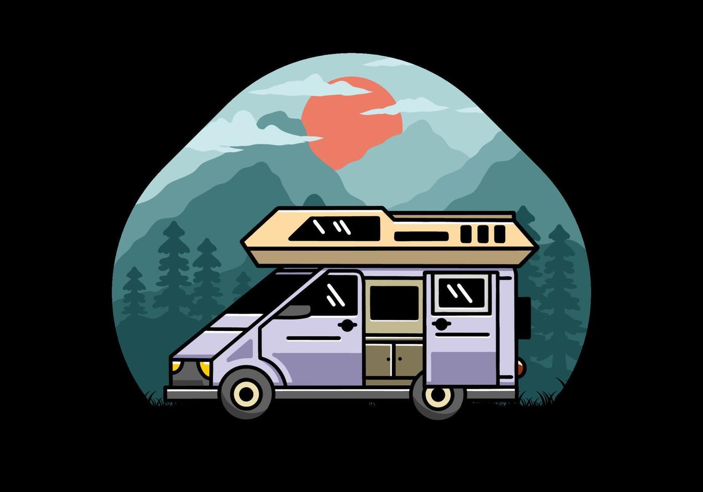 Big van with sliding door for camping illustration badge design vector