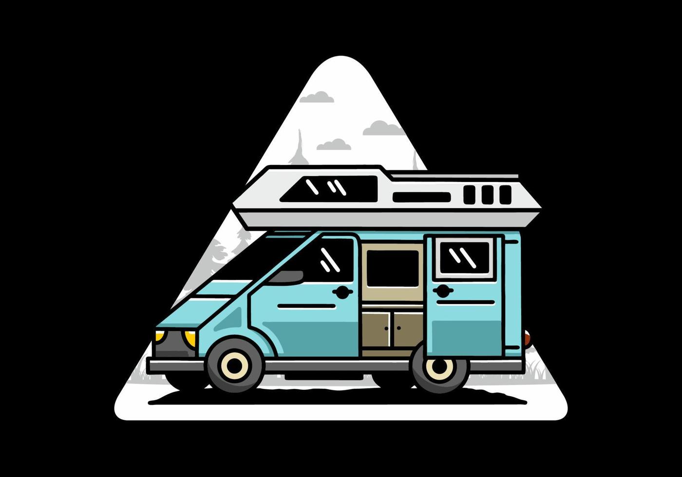 Big van with sliding door for camping illustration badge design vector