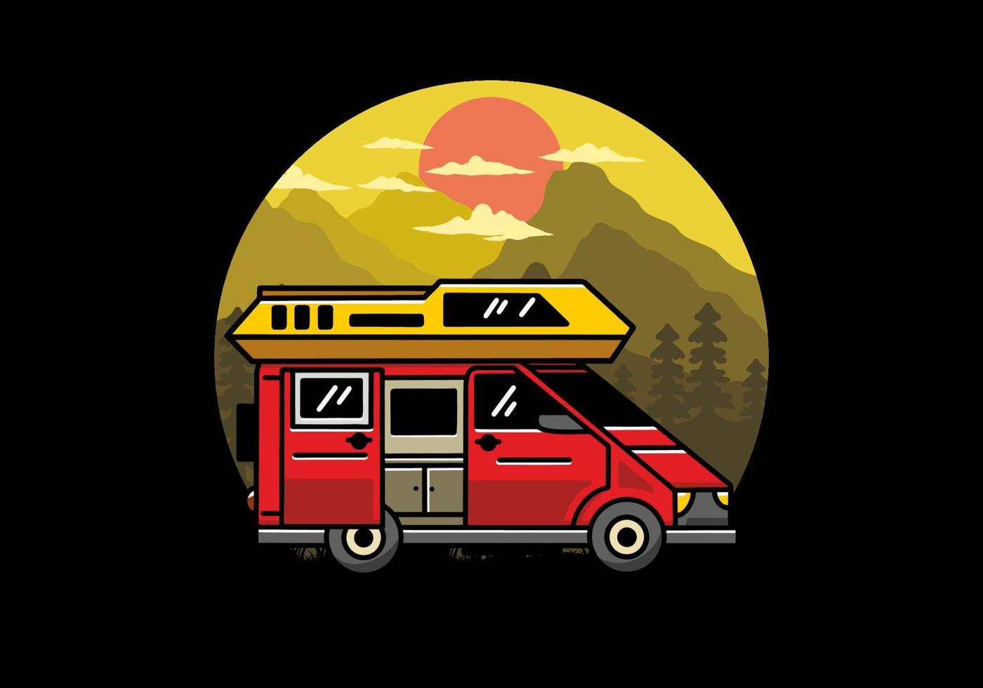 Big van with sliding door for camping illustration badge design vector