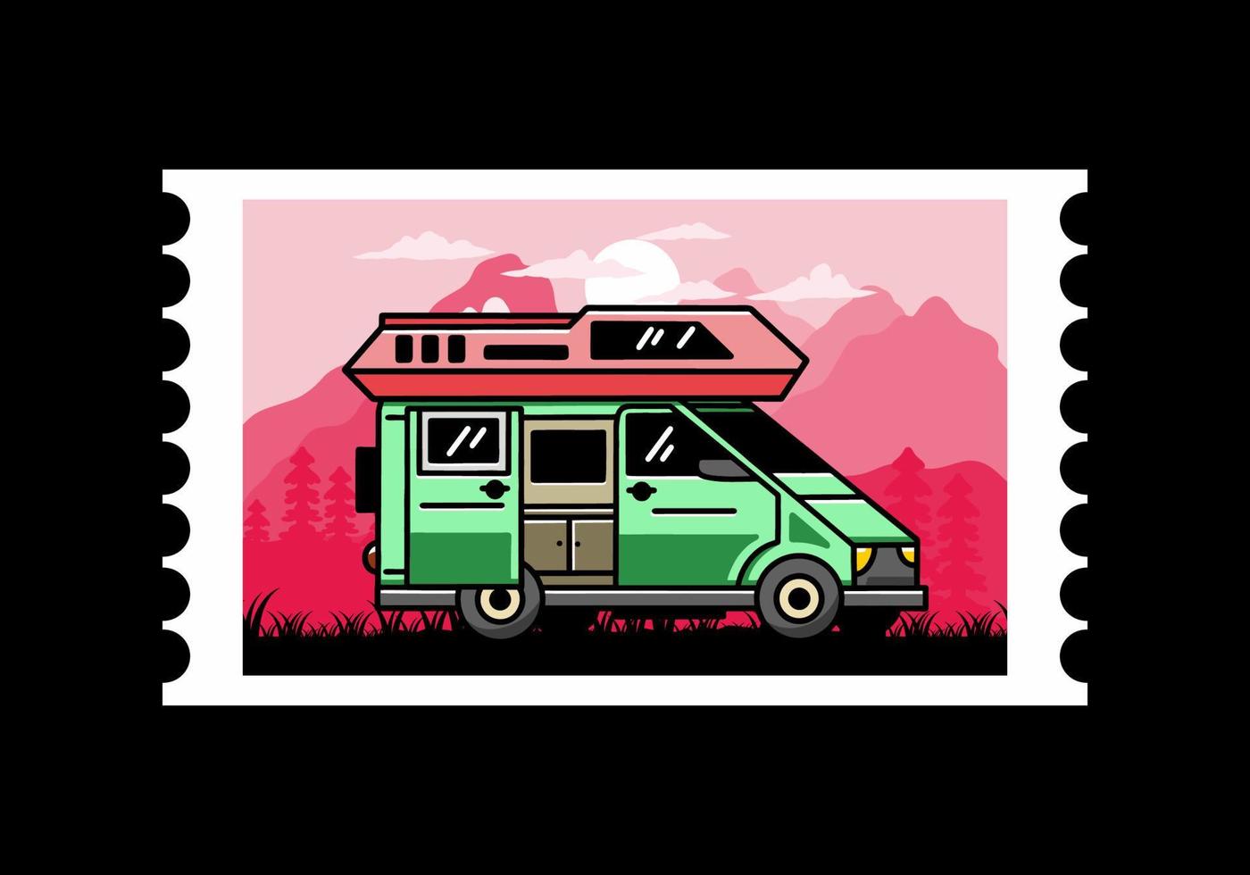 Big van with sliding door for camping illustration badge design vector