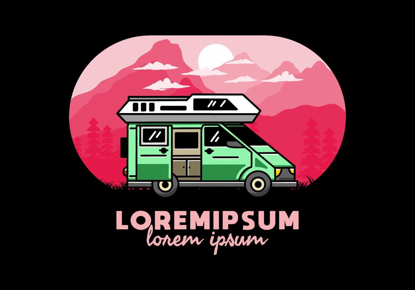 Big van with sliding door for camping illustration badge design vector