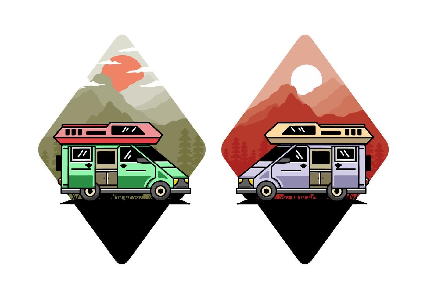Big van with sliding door for camping illustration badge design vector
