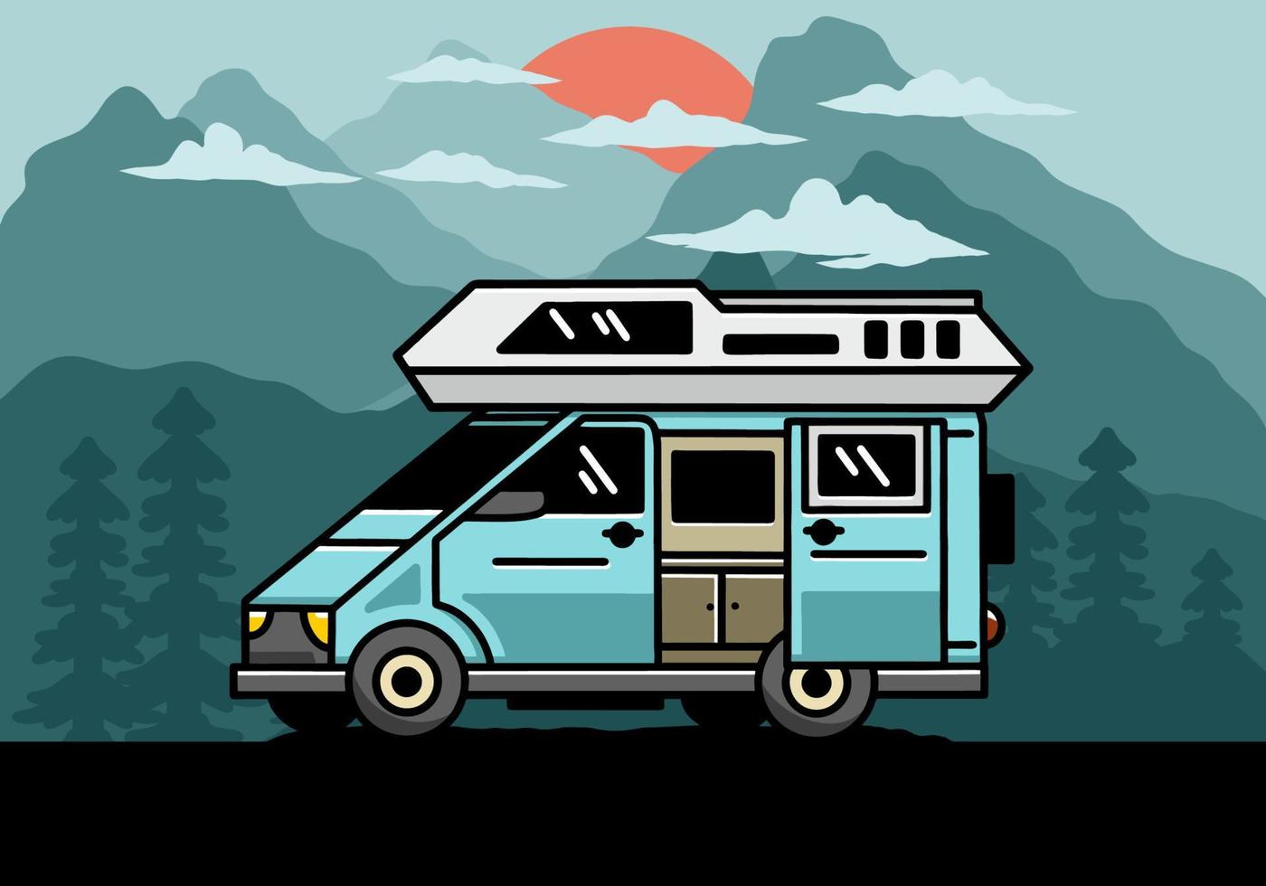 Big van with sliding door for camping illustration badge design vector