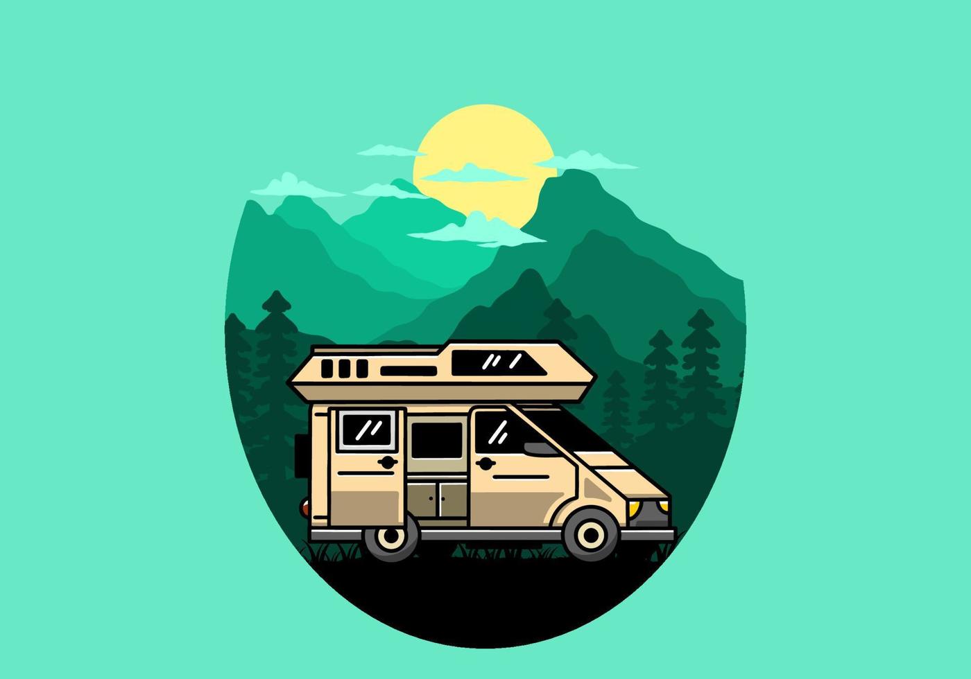 Big van with sliding door for camping illustration badge design vector