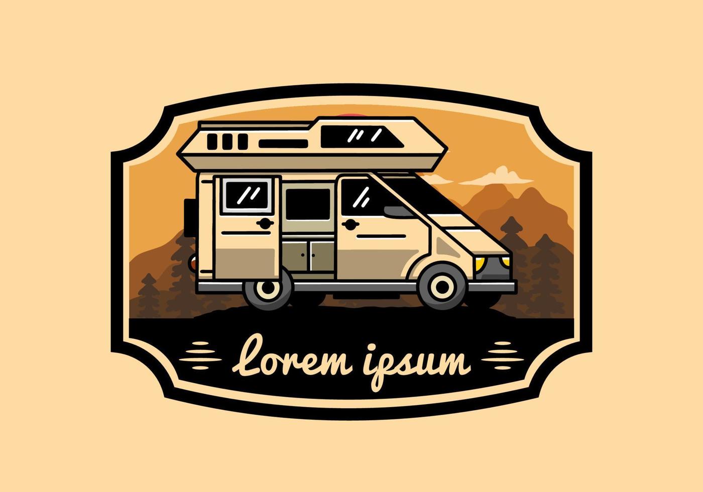 Big van with sliding door for camping illustration badge design vector