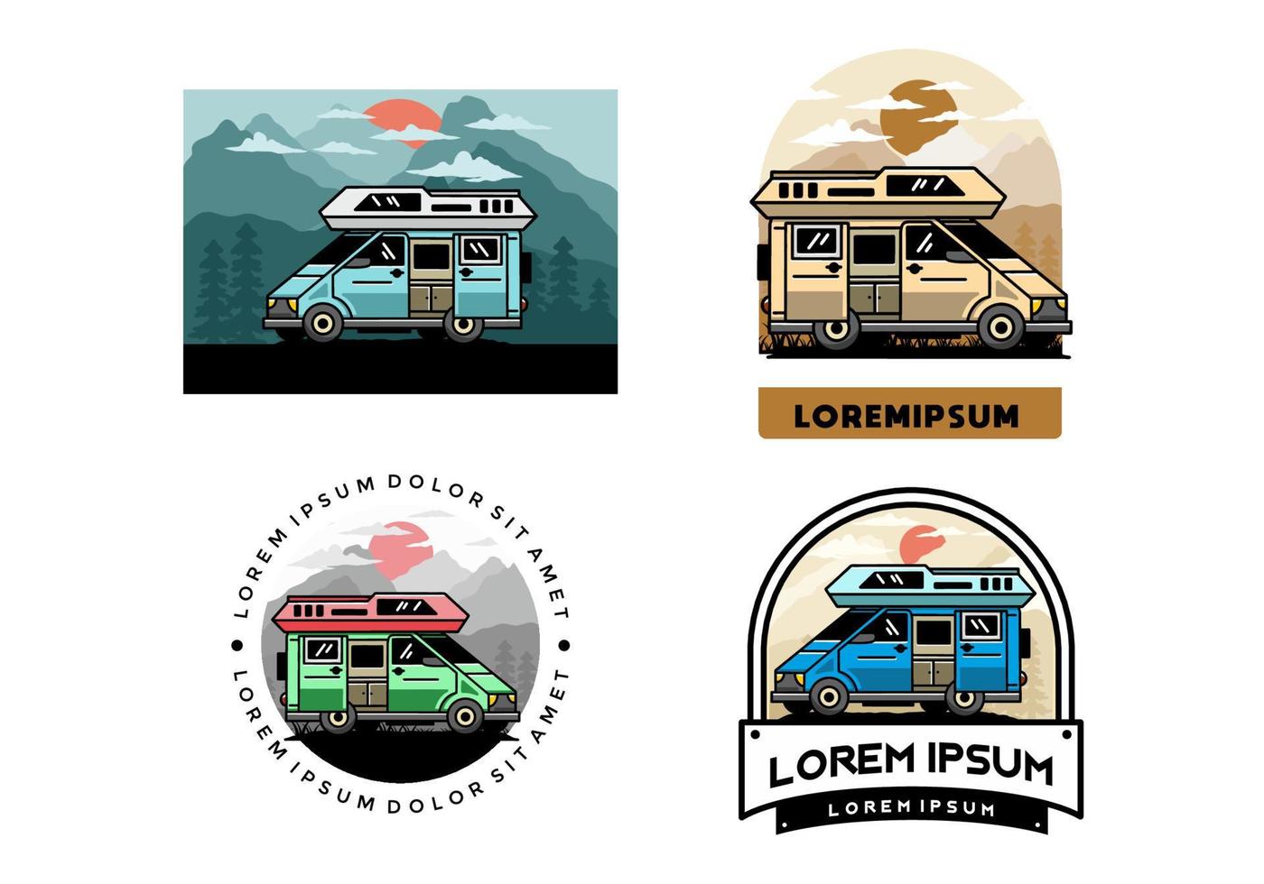 Big van with sliding door for camping illustration badge design vector