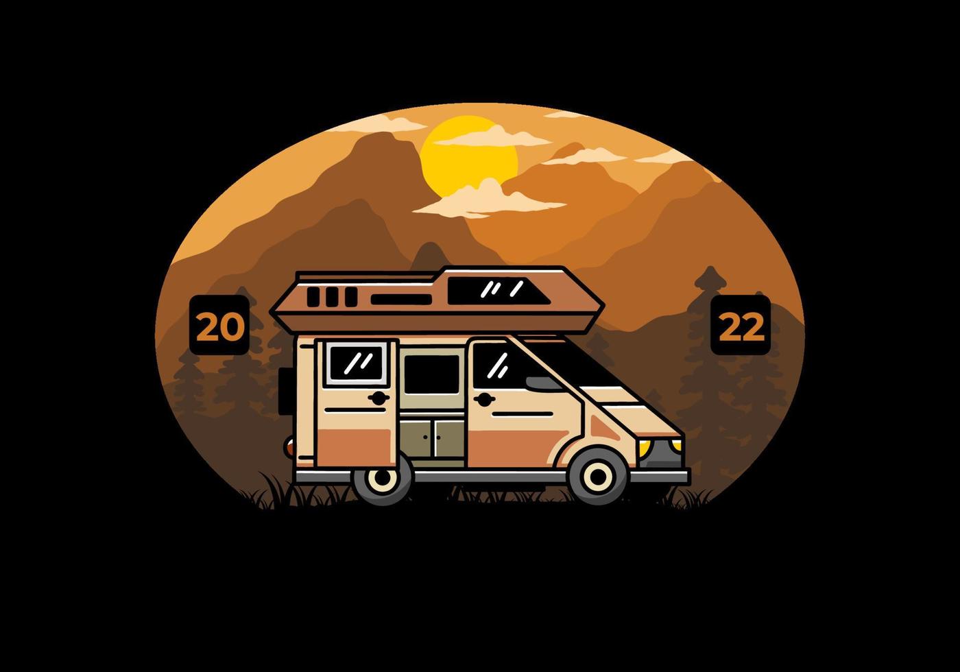 Big van with sliding door for camping illustration badge design vector