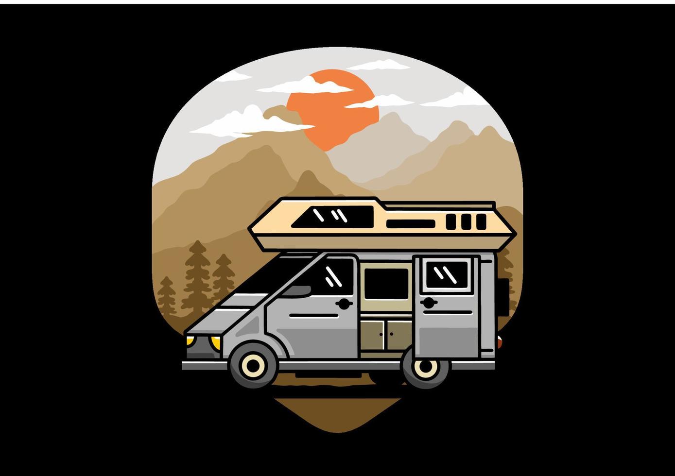 Big van with sliding door for camping illustration badge design vector