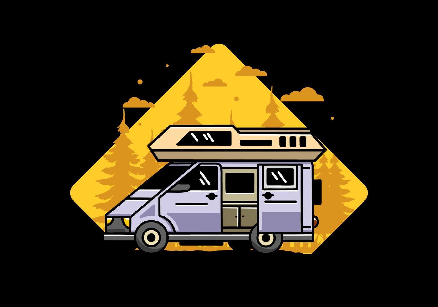 Big van with sliding door for camping illustration badge design vector