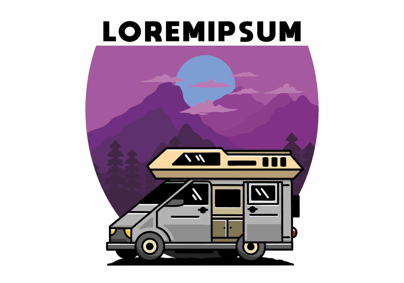 Big van with sliding door for camping illustration badge design vector