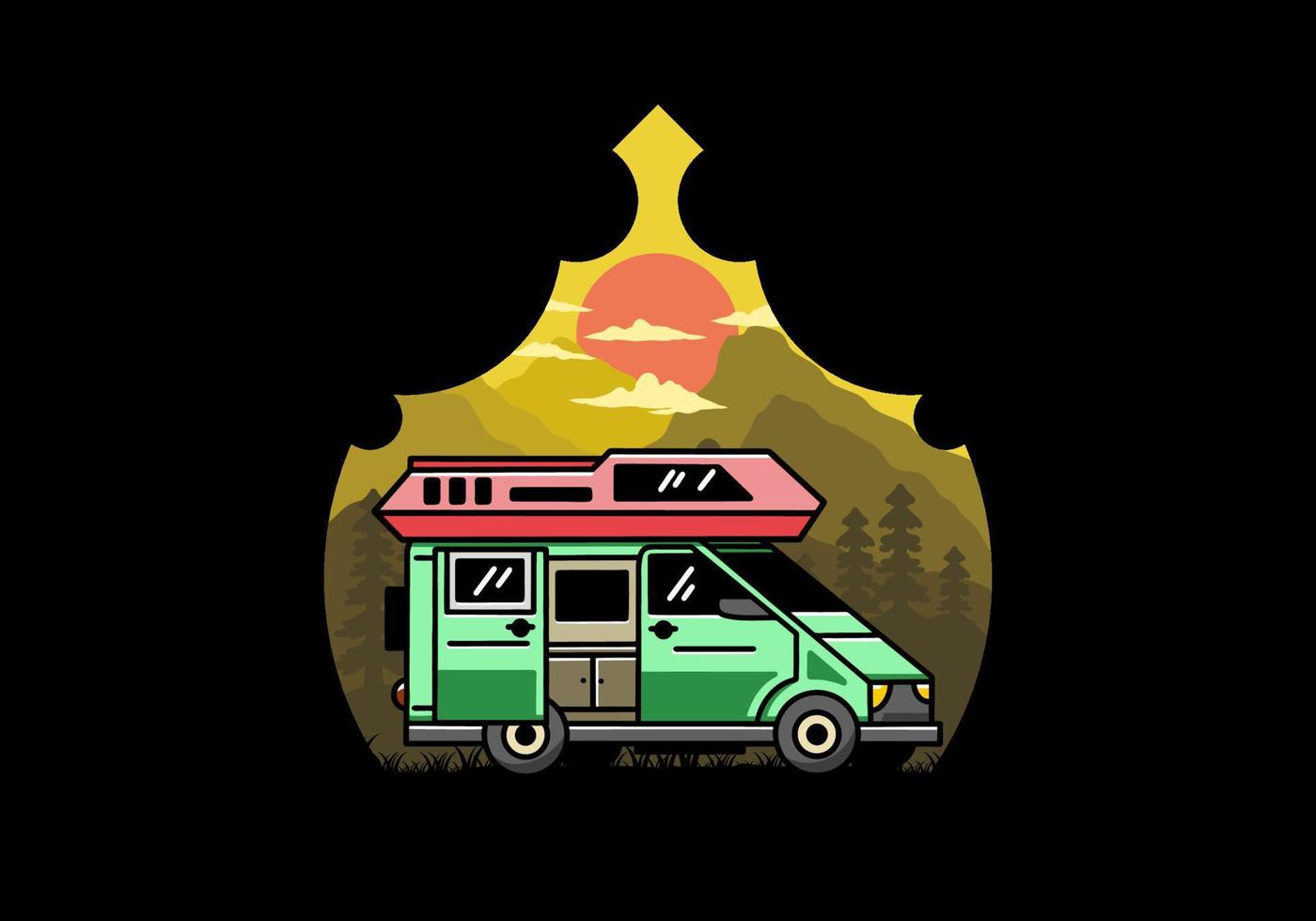 Big van with sliding door for camping illustration badge design vector