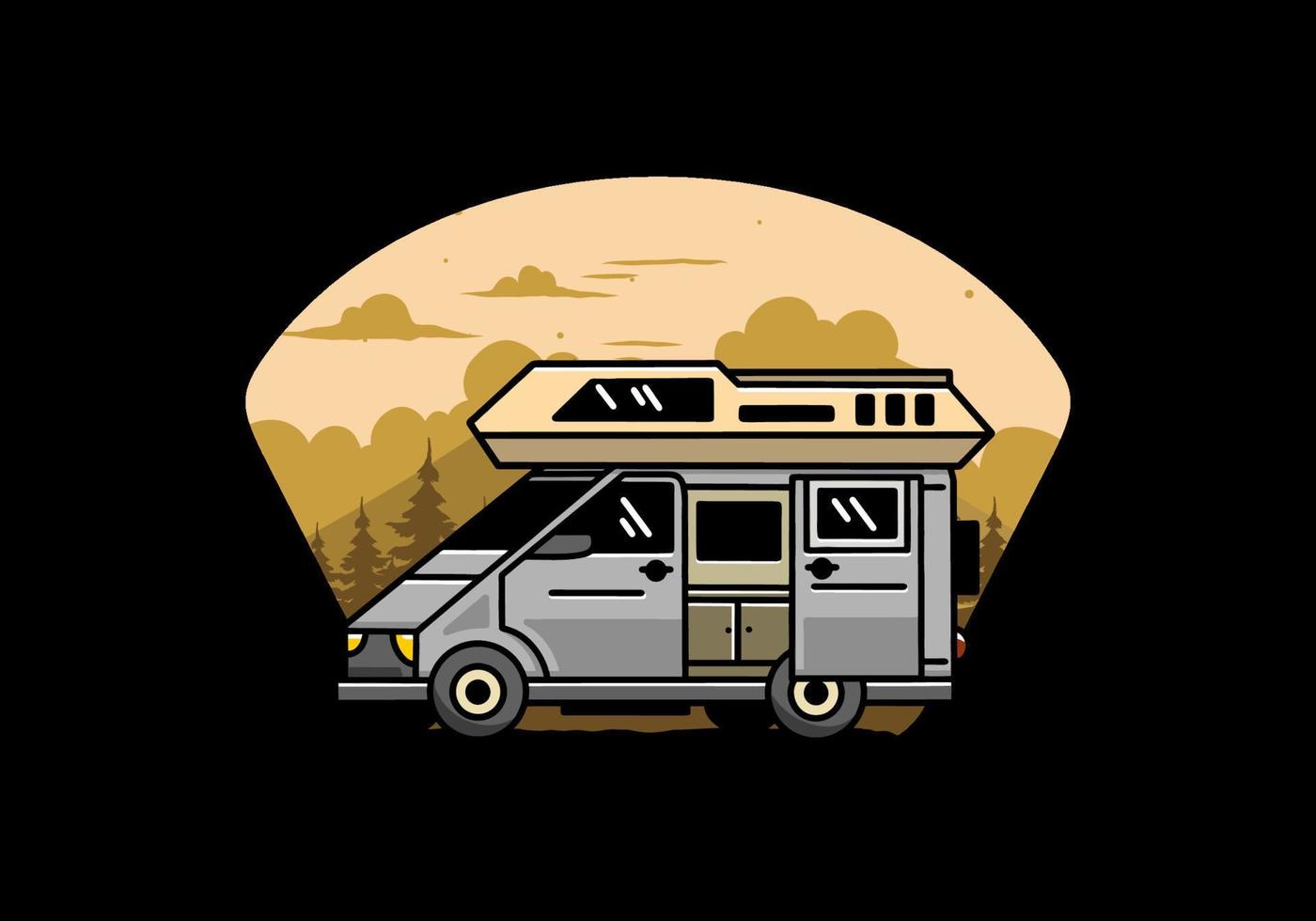 Big van with sliding door for camping illustration badge design vector