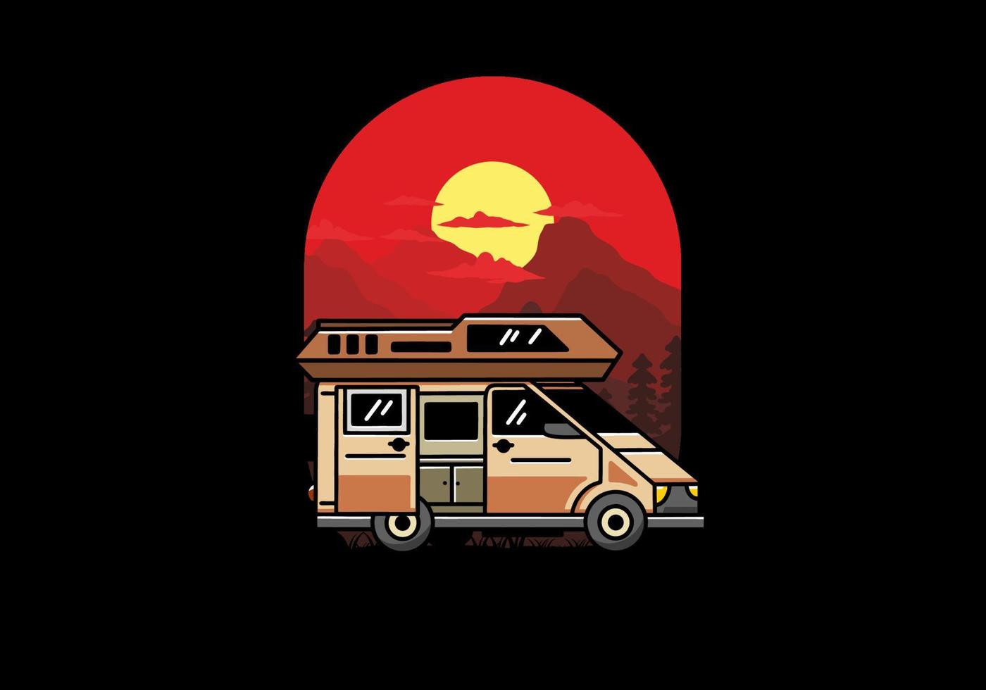 Big van with sliding door for camping illustration badge design vector