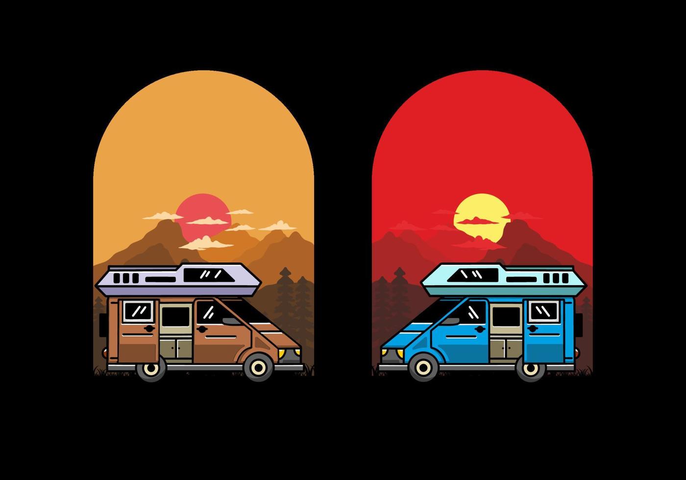 Big van with sliding door for camping illustration badge design vector