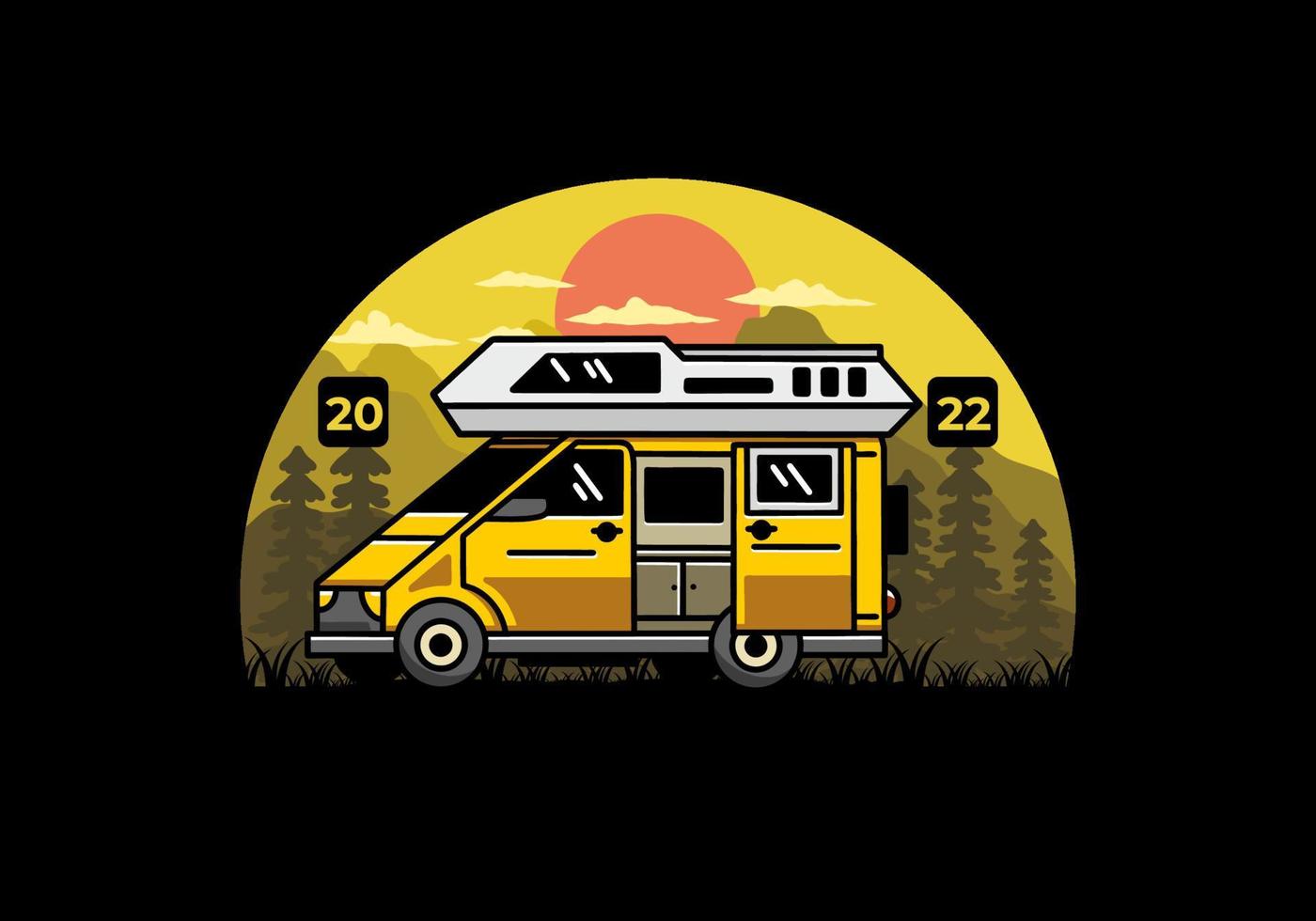 Big van with sliding door for camping illustration badge design vector