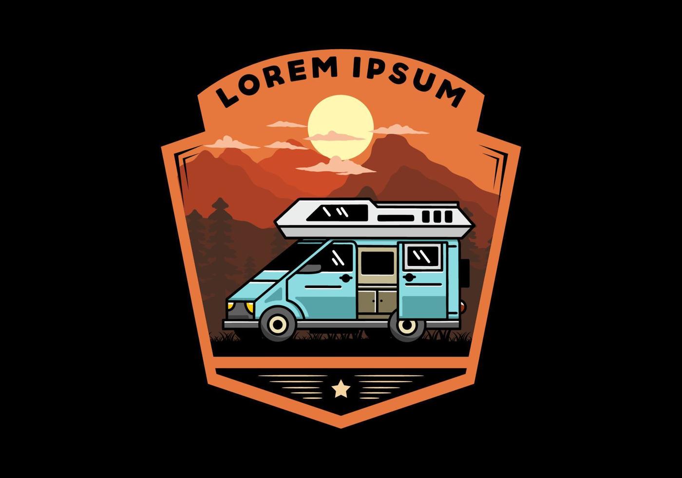 Big van with sliding door for camping illustration badge design vector