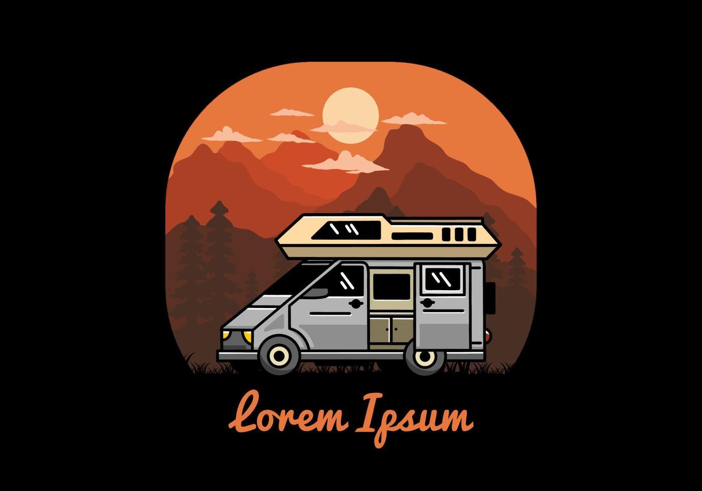 Big van with sliding door for camping illustration badge design vector