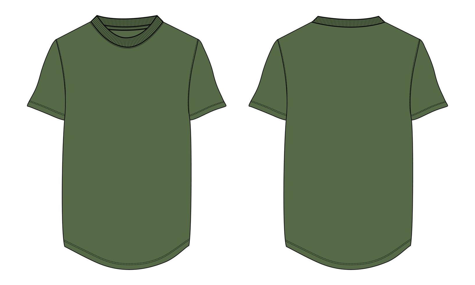 Short Sleeve t shirt technical fashion flat sketch vector illustration Green Color  template front and back views. Apparel design mock up card easy edit and customizable