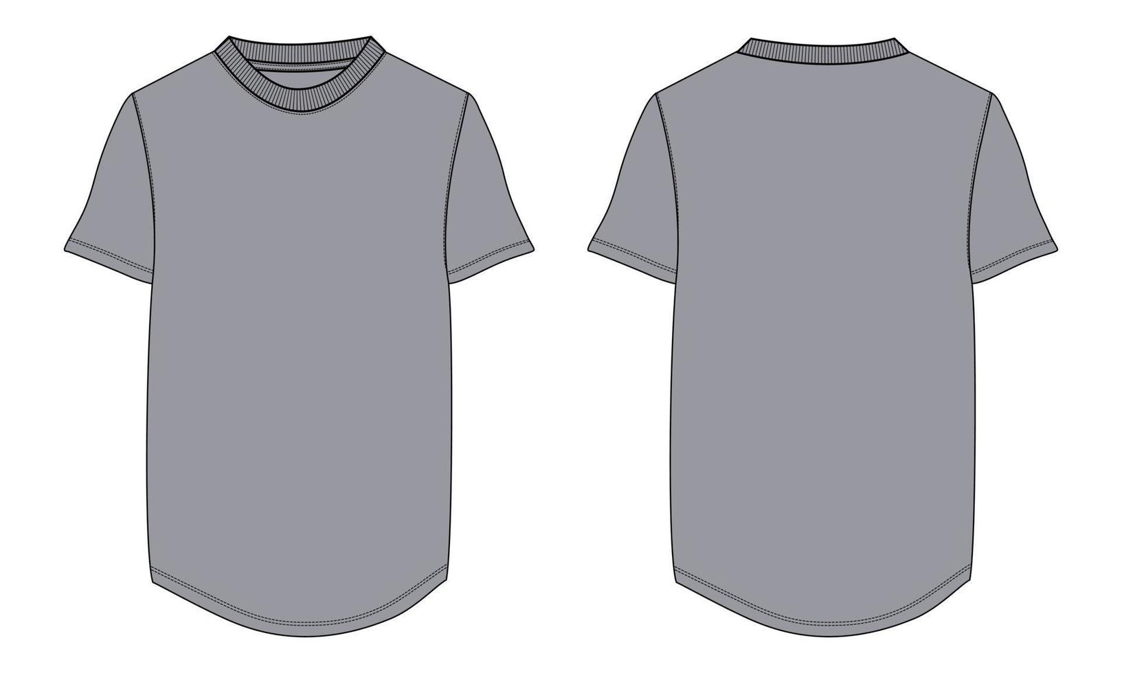 camiseta de manga corta moda técnica boceto plano ilustración vectorial plantilla de color gris vistas frontal y posterior. tarjeta de maqueta de diseño de prendas fácil de editar y personalizable vector