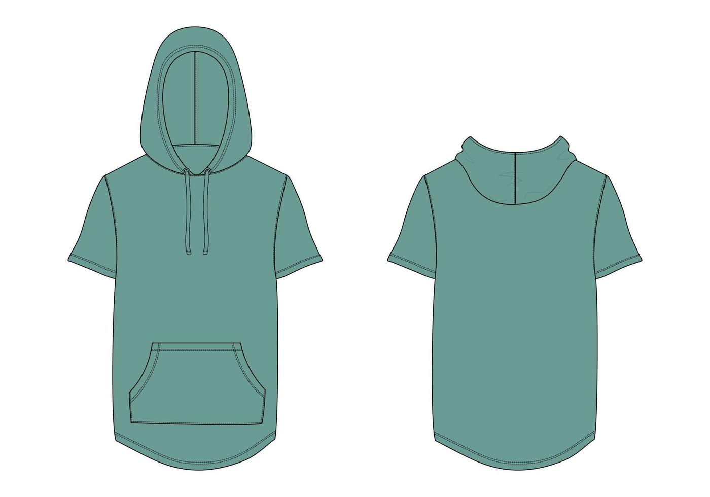 Hoodie technical fashion flat sketch Vector illustration Green color template front and back views.
