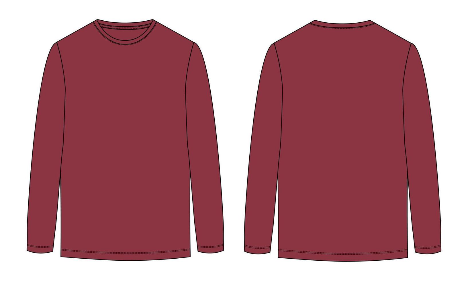 Long Sleeve t shirt technical fashion flat sketch vector illustration Red Color  template front and back views. Apparel design mock up Cad easy edit and customizable