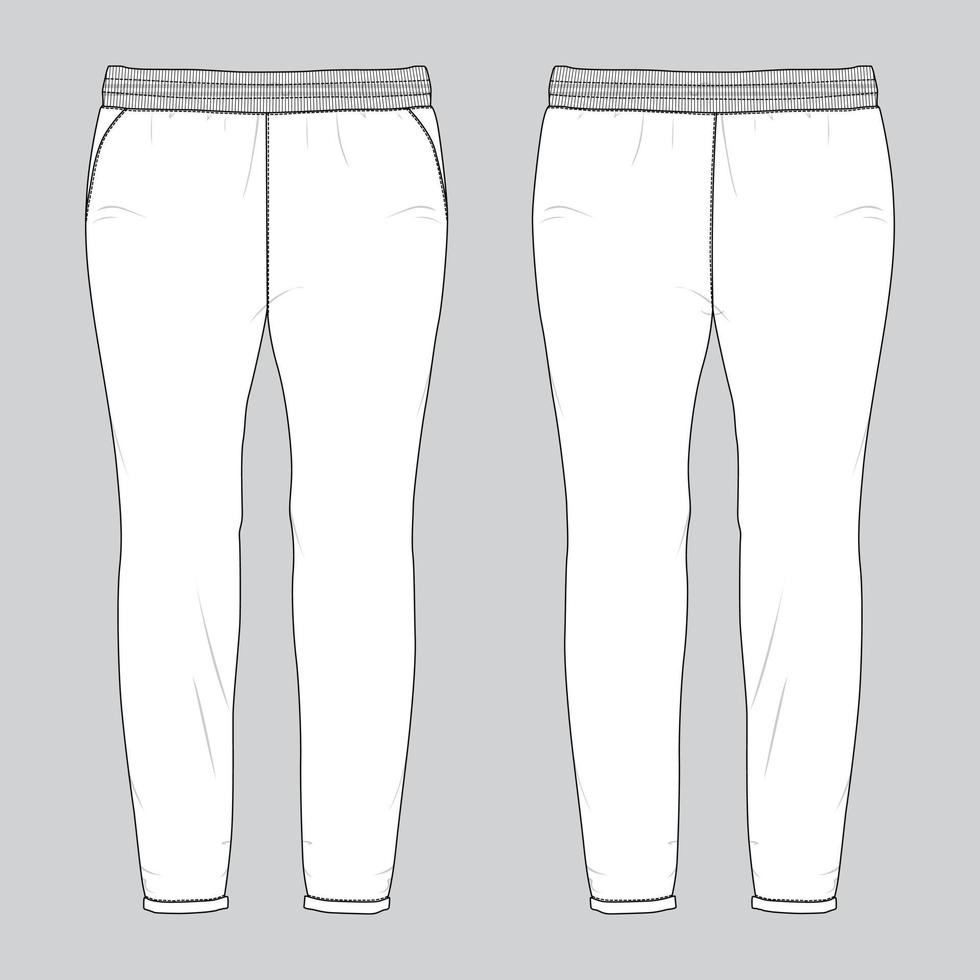 Slim fit Leggings pants fashion flat sketch vector illustration template front, back view. Girls Long Legging mockup for Women's unisex CAD.