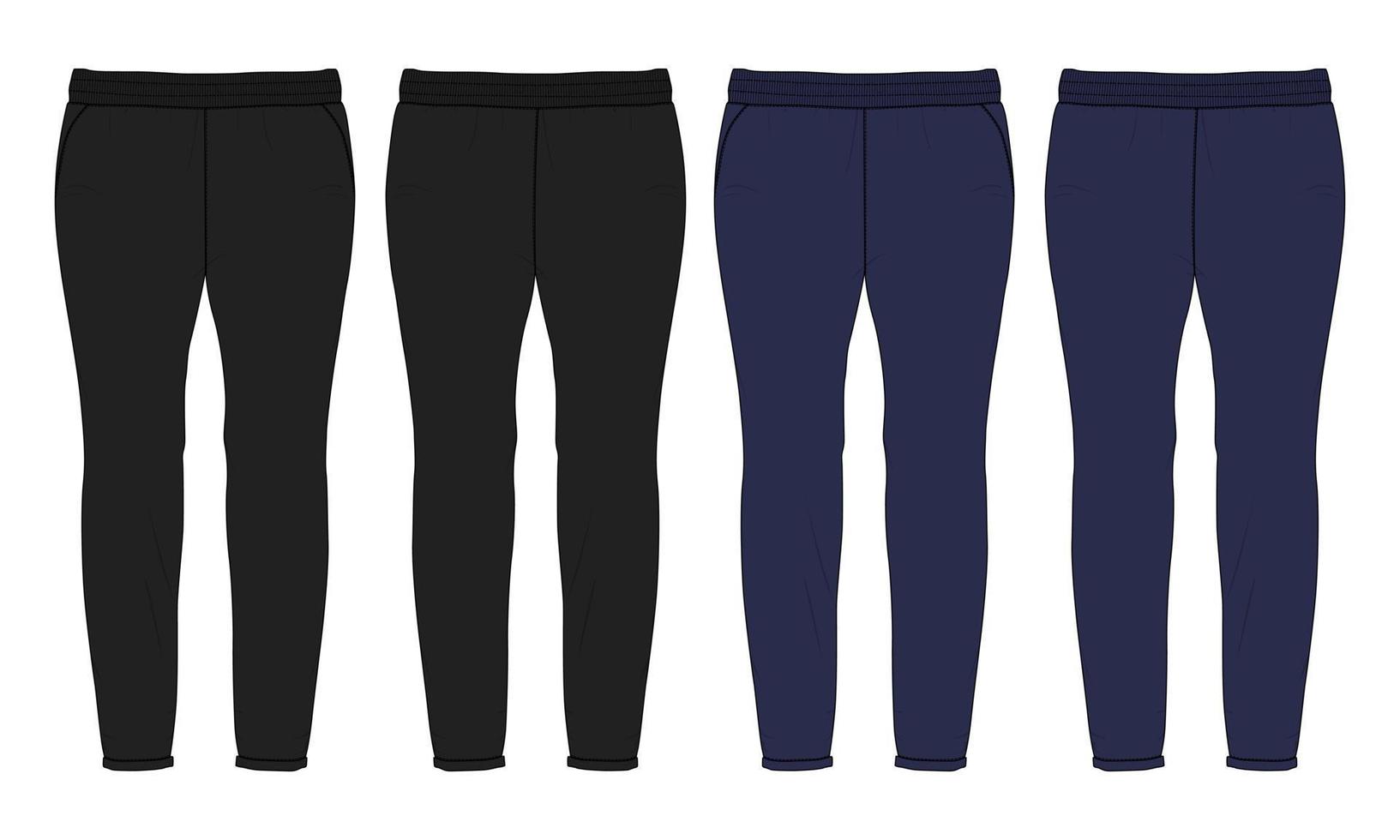 Slim fit Leggings pants fashion flat sketch vector illustration black and navy color template front, back view isolated on white background. Girls Long Legging mockup for Women's unisex CAD.