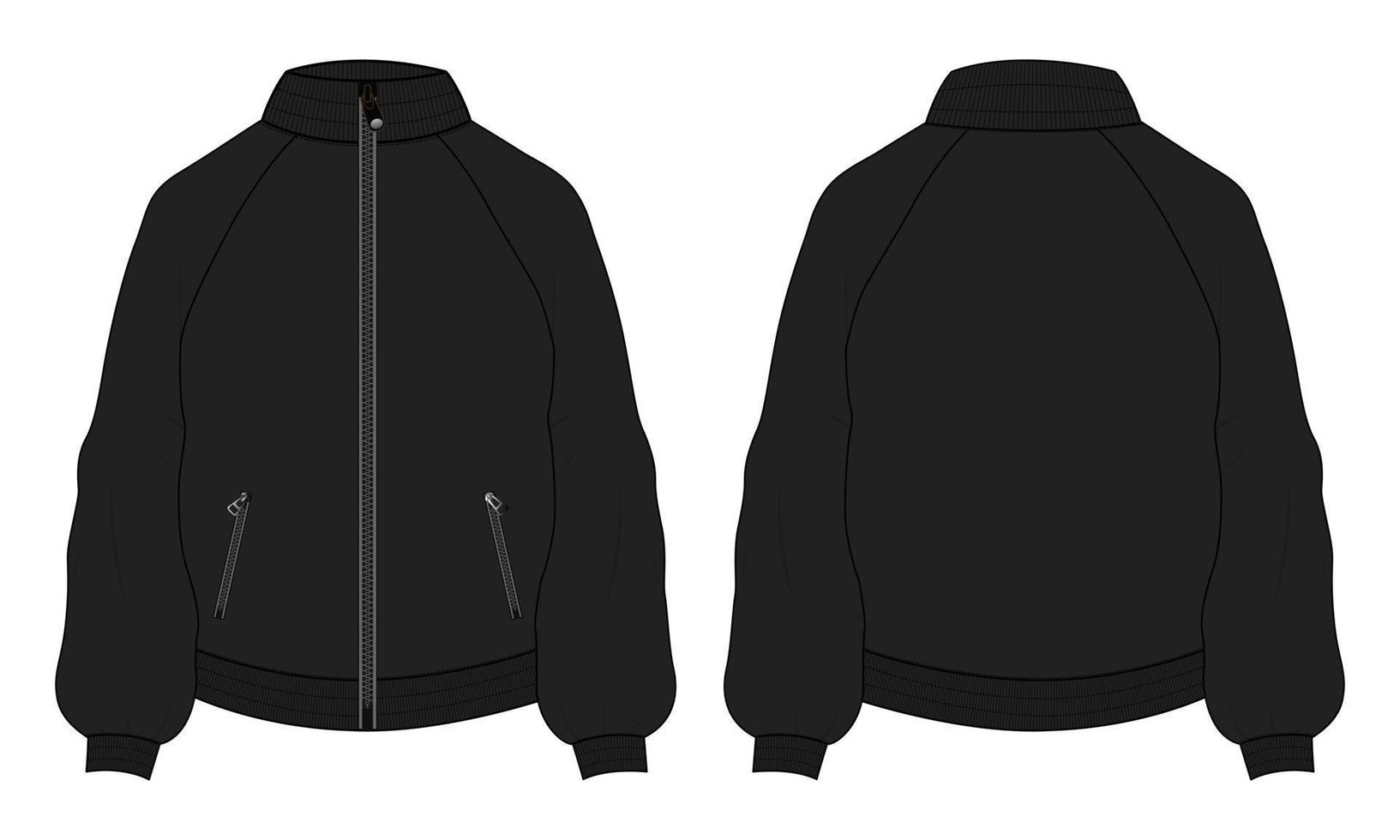 Long sleeve with zipper and pocket jacket sweatshirt technical fashion flat sketch vector illustration template. Apparel sweater Jacket  Flat drawing vector black color mock up CAD.