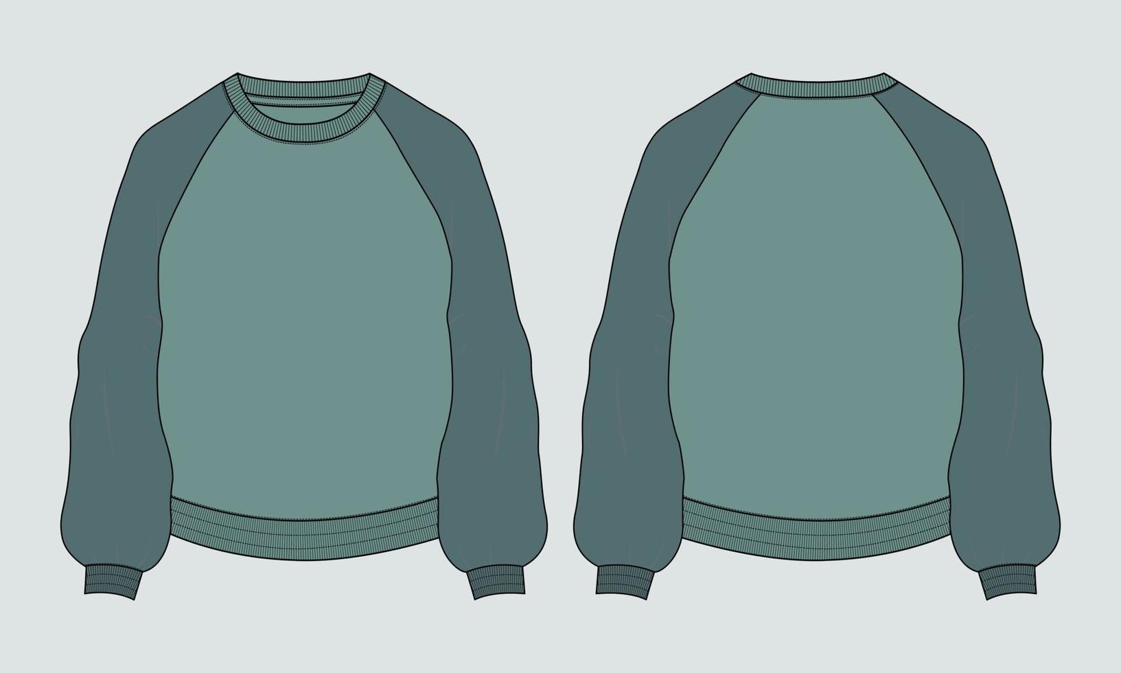 sudadera de manga larga de color de dos tonos vistas frontales y traseras de la plantilla de ilustración vectorial de boceto plano de moda técnica. jersey de lana de algodón diseño de ropa de invierno maqueta cad vector